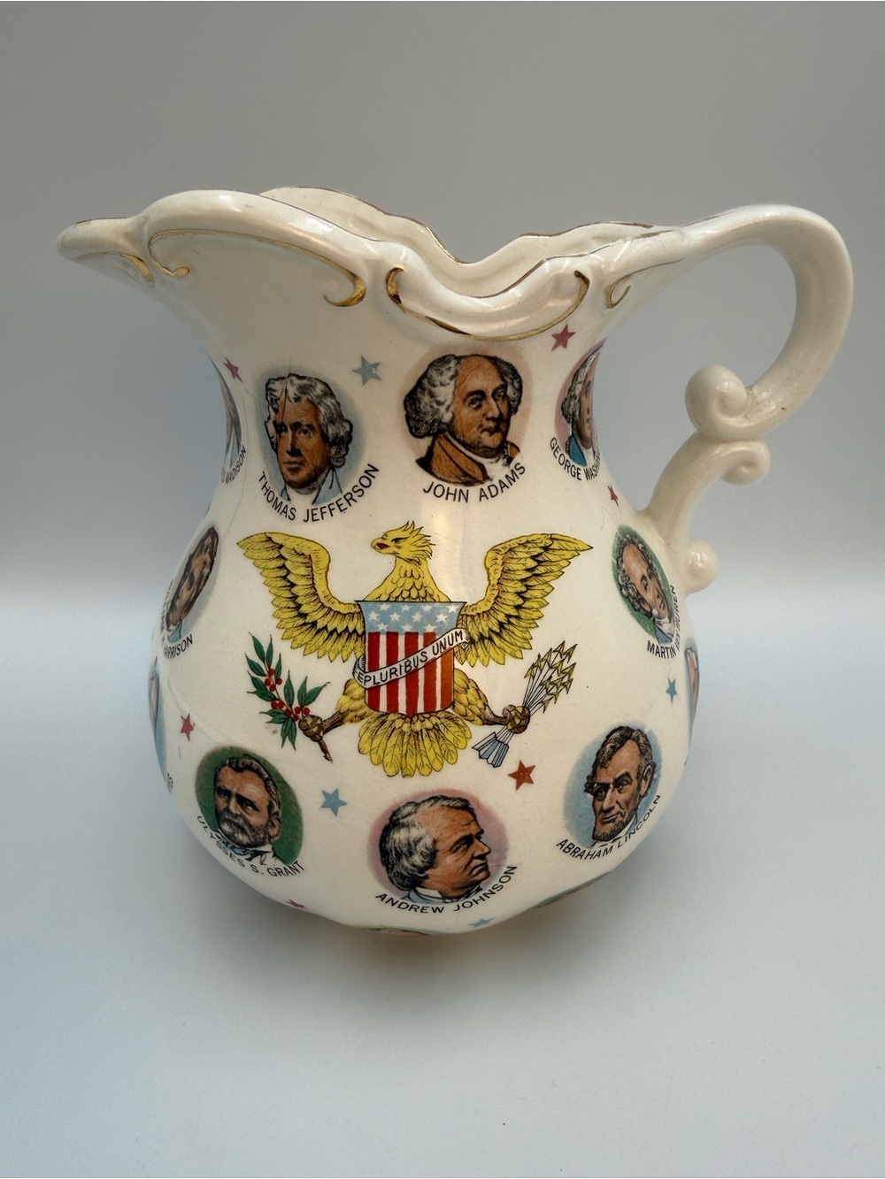 Vintage 1965 Chadwick-Miller Importers US Presidents Pitcher Japan Gold Trim